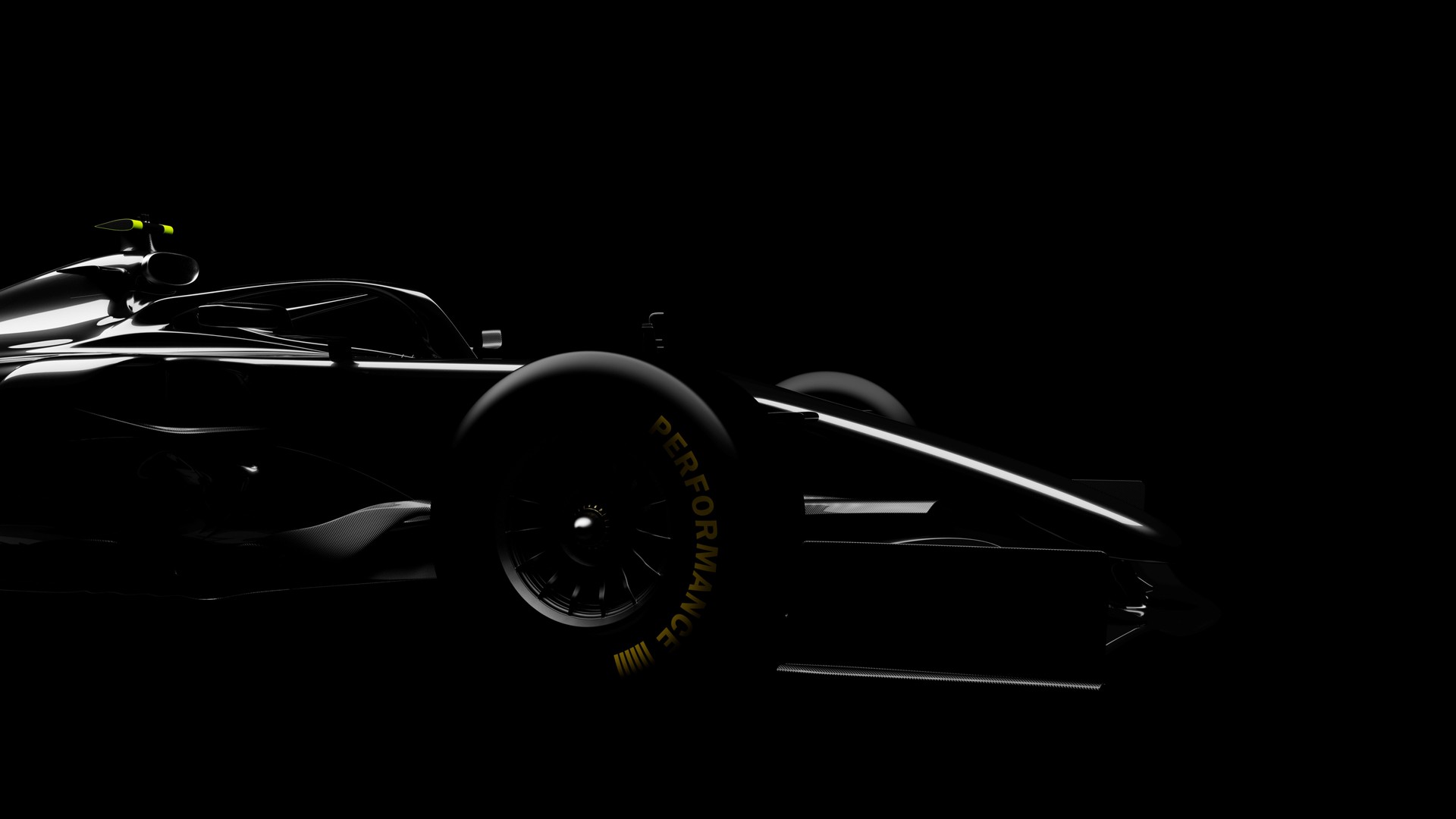 generic racecar (racing car) prototype, photorealistic render, silhouette on black